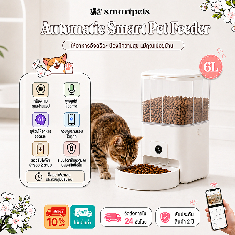 Smart Pet Feeder WiFi Cameraสําหรับสุนัข แมว ให้อาหารสัตว์อัตโนมัติ เครื่องจ่ายอาหารสัตว์เลี้ยง เครื่องให้อาหารอัตโนมัติ
