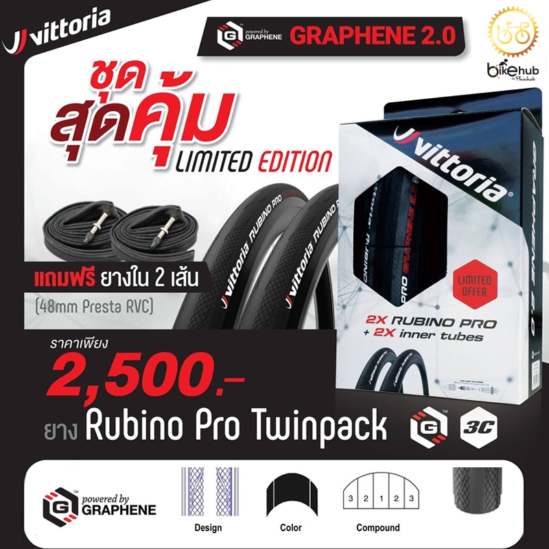 Vittoria Rubino Pro G2.0 IV Twinpack ชุดสุดคุ้ม!! ยางเสือหมอบขอบพับ 2 เส้น แถมฟรี! ยางใน 2 เส้น ขนาด