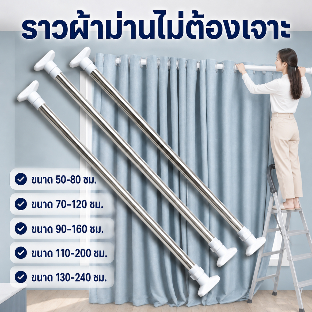 ราวม่านยืดสแตนเลส 50-220ซม. ปรับความยาวได้ ไม่ต้องเจาะผนัง ราวม่านอาบน้ำ ราวแขวนอเนกประสงค์ กันสนิม ติดตั้งง่าย