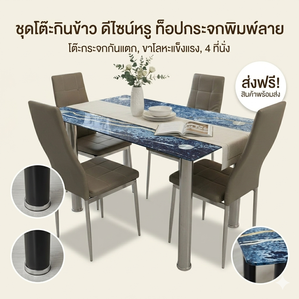 [home_hh]  ชุดโต๊ะอาหาร กระจกนิรภัย 6ที่นั่ง 8ที่โต๊ะทานข้าว เทาลายหินอ่อน งานกระจกนิรภัย+เก้าอี้