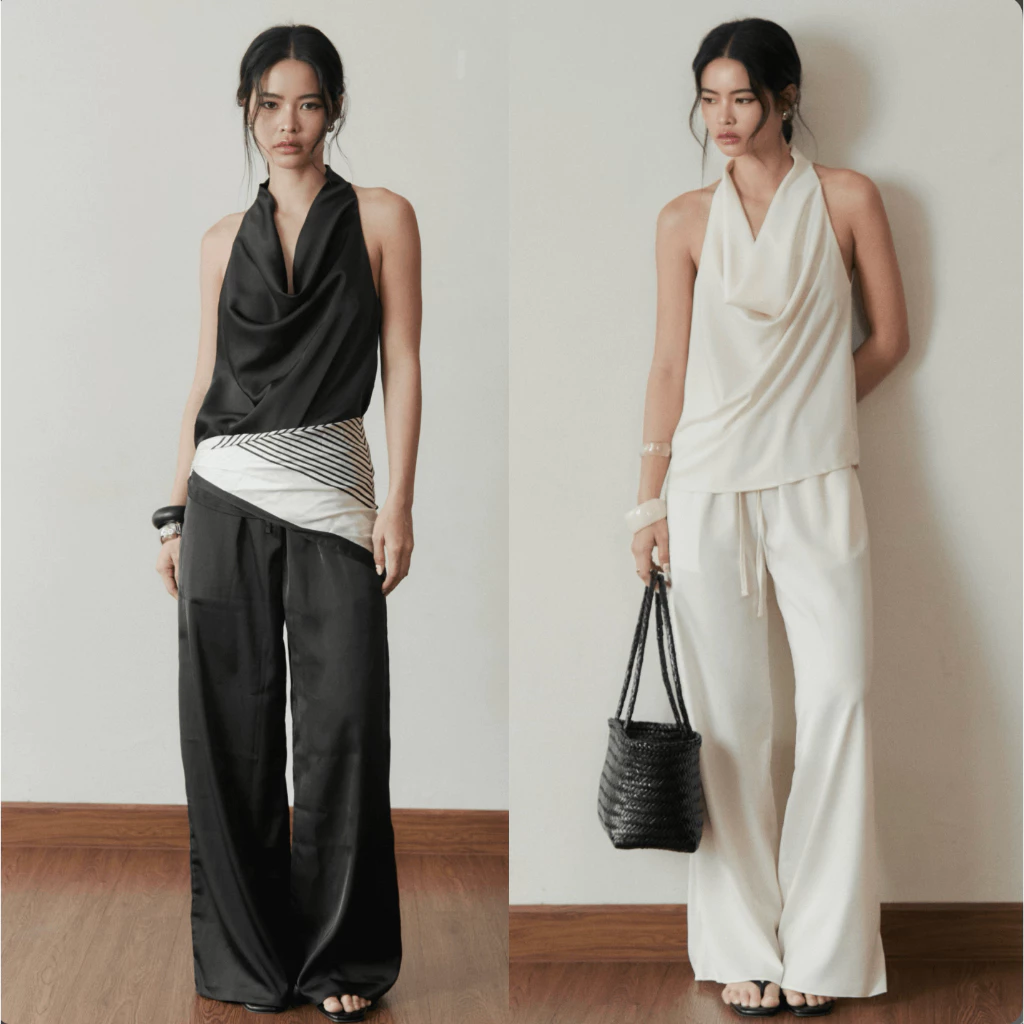 Muse satin set (save 90thb) ชุดเซ็ตคอถ่วงผ้าซาติน (ตะกร้าใหม่ กางเกงครีมมีซับใน)