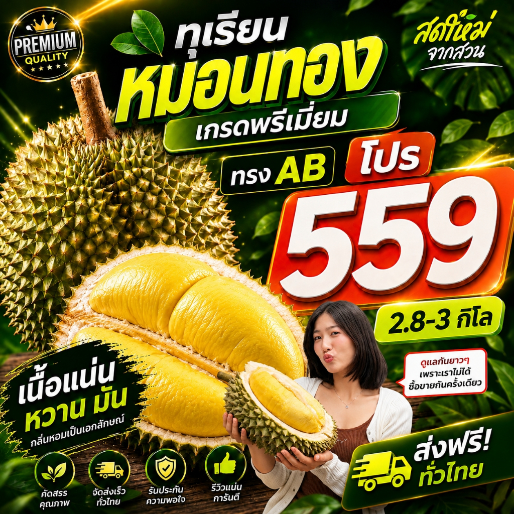 ส่งฟรี! โปรหมอนทองพรีเมี่ยมทรง AB โปร559.-✅2.8-3kg.จำนวน 1 ลูก ตัดแก่สดจากสวนจันทบุรี