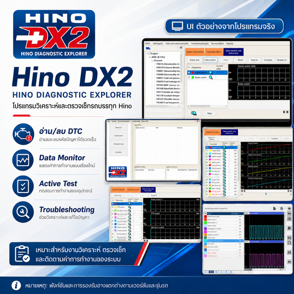 ค่าบริการ Remote Support Hino DX2 สอนสแกนและวินิจฉัยรถลบโค๊ดDTC ดูดาต้าสด ลงทะเบียนหัวฉีด เลิ่นนิ่งท