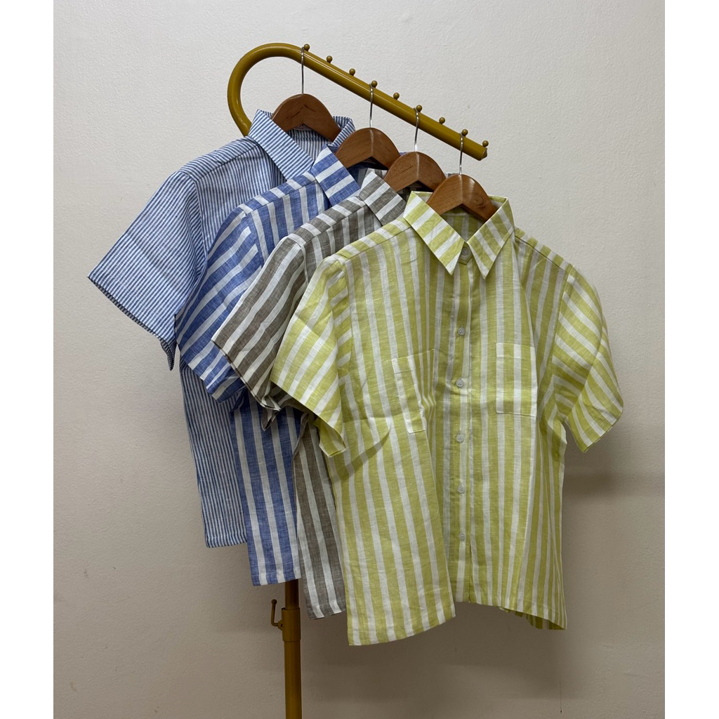 เสื้อเชิ้ตลินินแท้ แขนสั้น กระเป๋าหน้าคู่ ลายดอก ลายริ้ว สีพื้น โทนสีสดใส ละมุน ใส่สบาย “อก 45 นิ้ว”