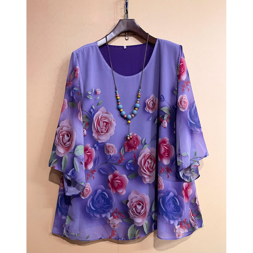 เสื้อชีฟอง(อก 54“)ลายดอก เสื้อคอกลม แขนตรง,เเขนกระดิ่ง