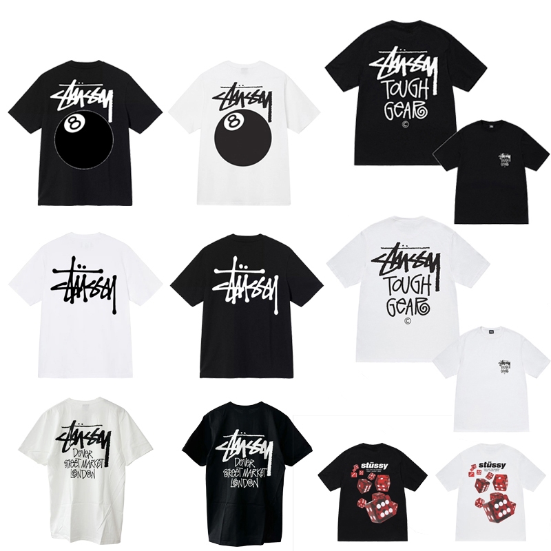 BASIC S1TUSSY TEE คลาสสิกสีดำแปดบิลเลียดพิมพ์ลายเสื้อยืดแขนสั้นคอกลมหลวมสำหรับผู้ชายและผู้หญิง