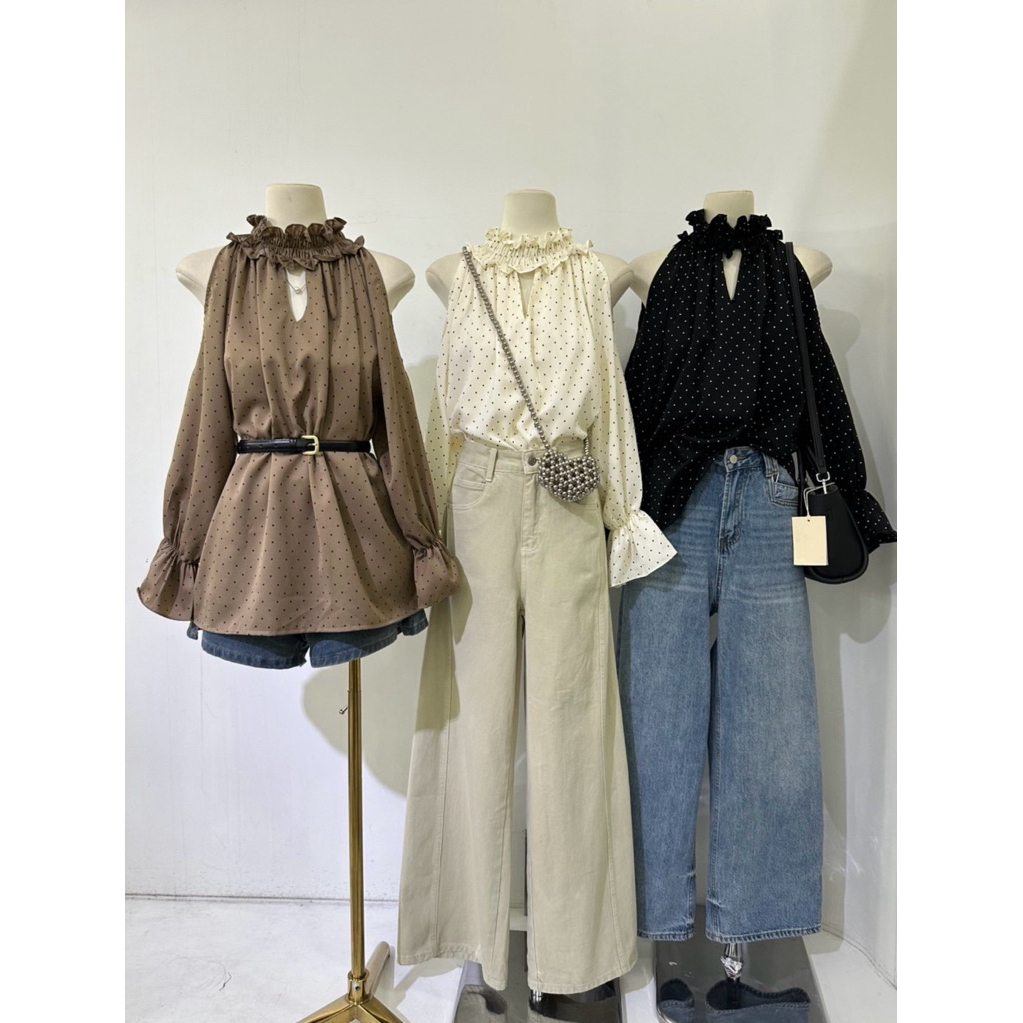 เสื้อแขนยาวลายจุดครีม-ดำ