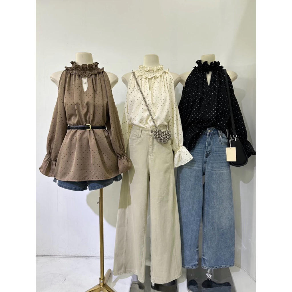 เสื้อแขนยาวลายจุดครีม-ดำ
