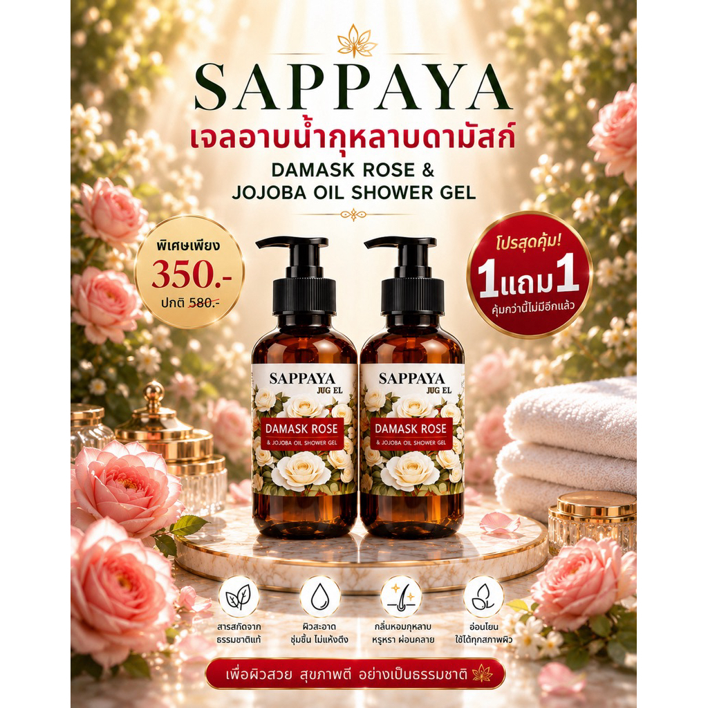 โปร1แถม1 สัปปายะ เจลอาบน้ำกุหลาบดามัสก์ และน้ำมันโจโจ้บาร์ออยล์