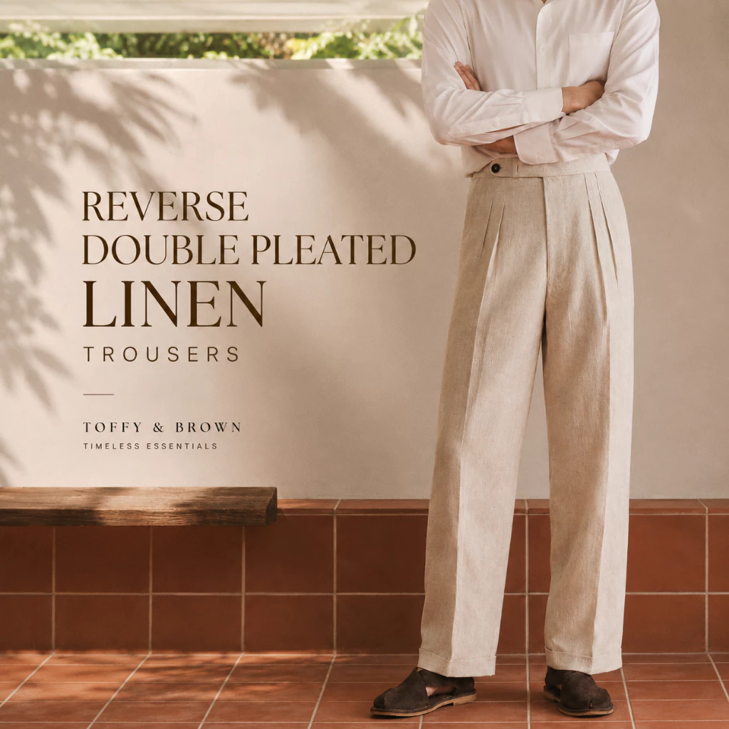 TOFFY & BROWN / REVERSE DOUBLE PLEATED LINEN TROUSERS กางเกงลินินทรงกระบอกตรงเอวสูง