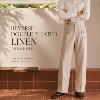 TOFFY & BROWN / REVERSE DOUBLE PLEATED LINEN TROUSERS กางเกงลินินทรงกระบอกตรงเอวสูง