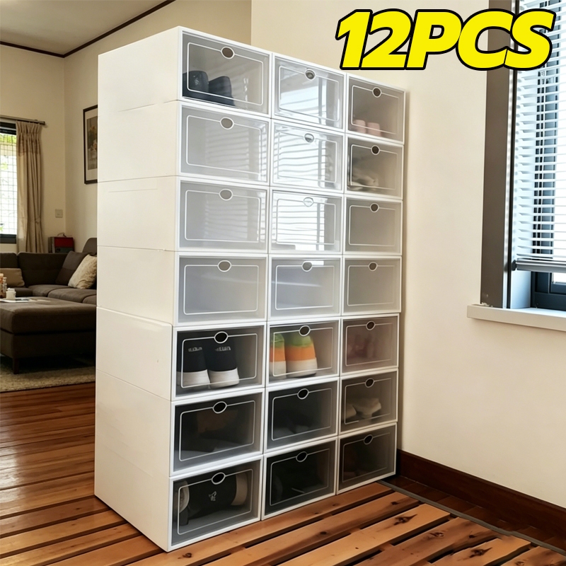12 ชั้น กล่องรองเท้าคุณภาพสูง กล่องเก็บของกันฝุ่นแบบแข็งใส ตู้เก็บรองเท้าแบบซ้อนได้และพับได้ สินค้าพร้อมส่ง