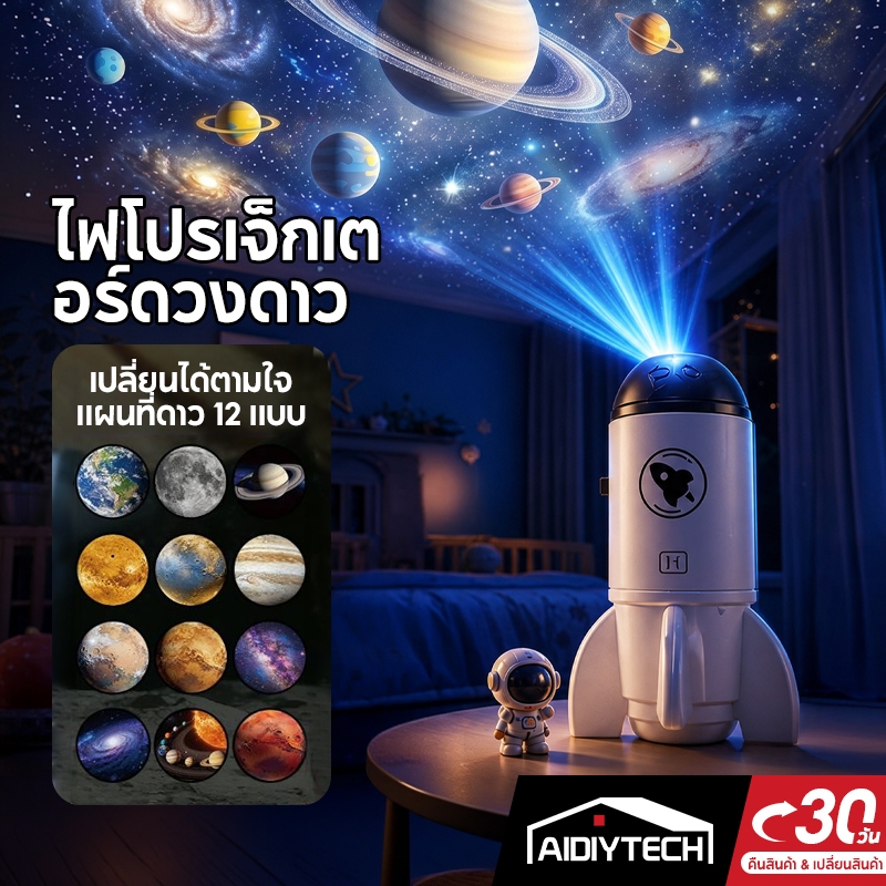 โคมไฟโปรเจคเตอร์จรวด โคมไฟดวงดาว LED ไฟแกแลคซี่ ฉายสไลด์ได้ 12 แบบ ไฟแต่งห้องนอนมินิมอล ปรับมุมได้ 360 [ส่งด่วน]