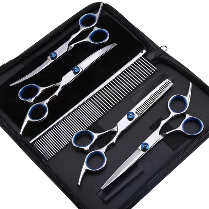 ส่วนลดพิเศษ 6pcs กรรไกรตัดขนสัตว์เลี้ยงสุนัขแมว พร้อมหวีสแตนเลสและกระเป๋าสำหรับเก็บ