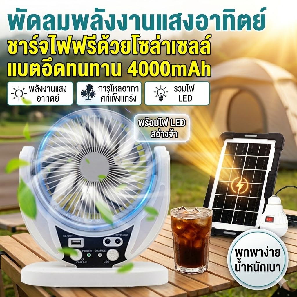 พัดลมแคมป์ปิ้ง พัดลมโซล่าเซลล์ ชาร์จไฟฟรี! แบตอึด 4000mAh พร้อมไฟ LED พกพาสะดวก พัดลมพกพา USB