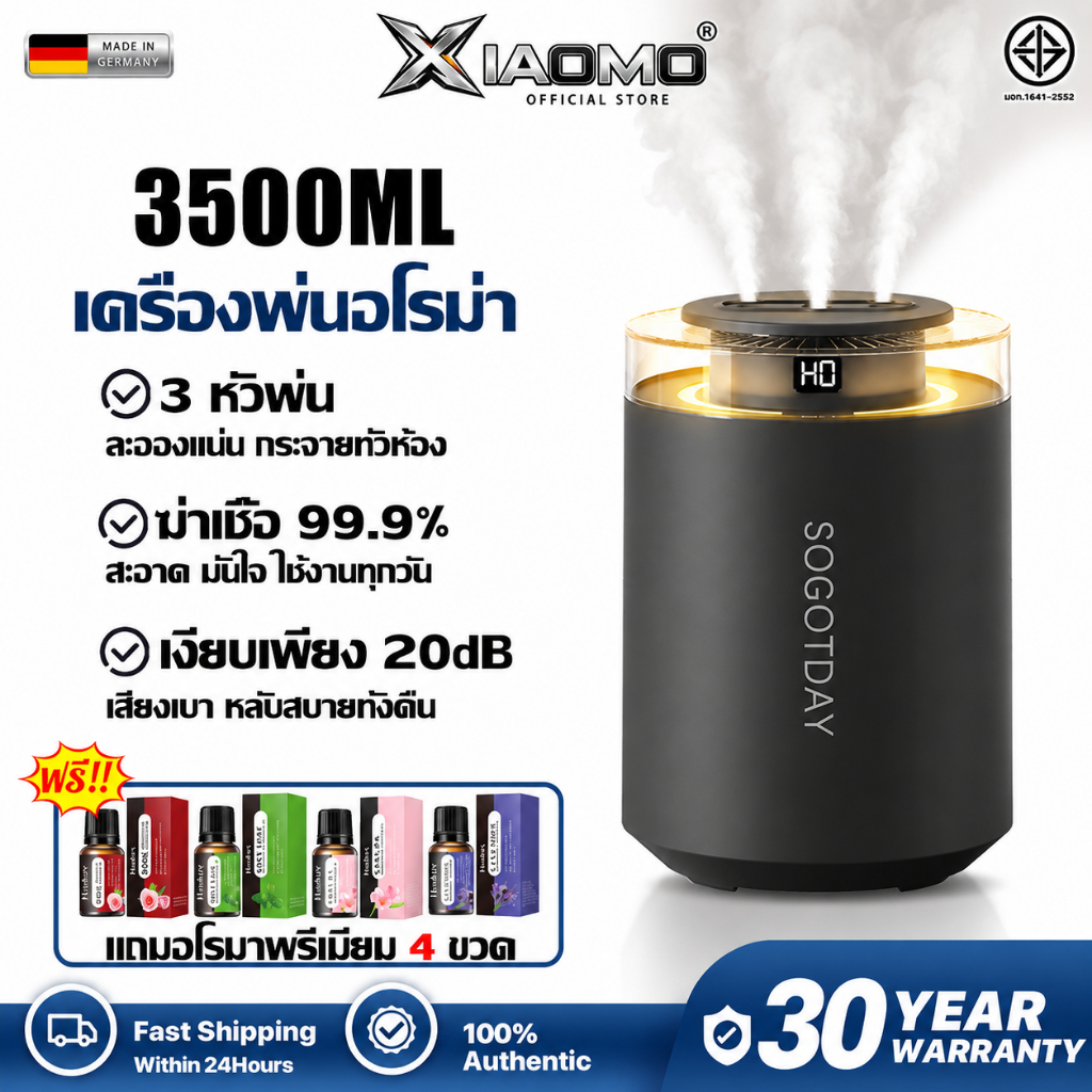XIΛOMO เครื่องพ่นอโรม่า เครื่องอโรม่า เครื่องพ่น 3.5L แถมน้ำมันหอม 4 ขวด จอแสดงผลความชื้น ดีไซน์หัวฉีด 3 หัว ฟอกอากาศ