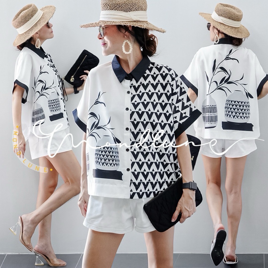 เสื้อเบลาส์คอกลมจับจีบหย่น แขนพอง แบบใหม่ สไตล์bohemian งาน Design เรียบง่ายดูเก๋ด้วย ลายกราฟฟิกของทางร้านงานผ้าลีนินไหม