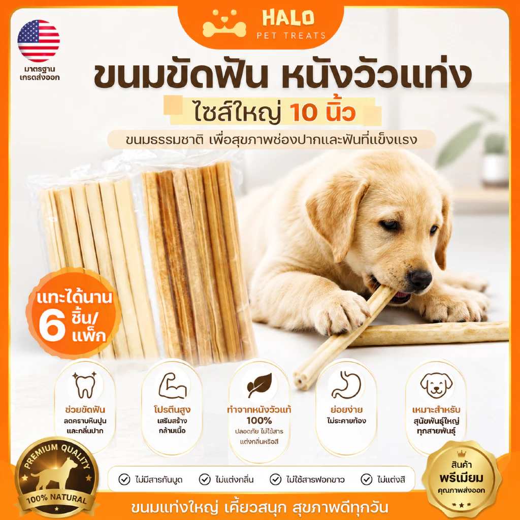 HALO ขนมขัดฟันสุนัข แบบแท่ง จากหนังวัวแท้ 6ชิ้นต่อแพ็ก ( 5และ10 นิ้ว) ขนมหมา มาตรฐานส่งออก ราคาส่ง ขนมขัดฟันหมา ขนมสุนัข