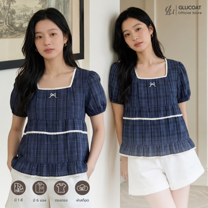 Glucoat | [A745] เสื้อสก็อตกรมแขนจั้ม คอเหลี่ยมแต่งเทปฉลุปักโบว์ ชายเสื้อแต่งระบาย ซิปหลังยาว