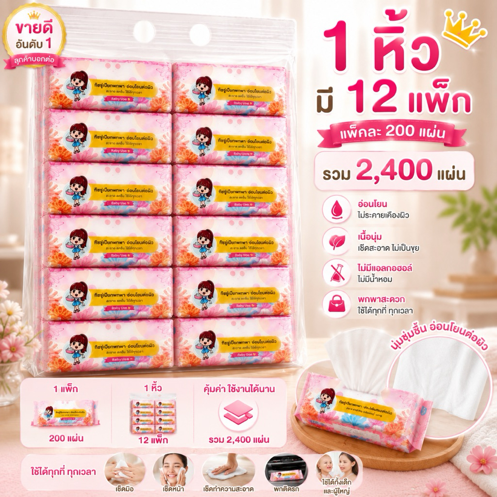 ✨ โพธิ์ทอง Baby Use ทิชชู่แห้งพกพา 200 แผ่น/แพ็ค 1 หิ้ว 12 แพ็ค รวม 2,400 แผ่น เนื้อนุ่ม ไม่เป็นขุย