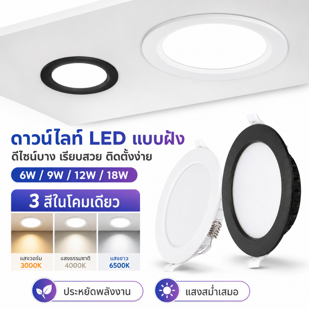ประหยัดพลังงาน บางเฉียบ ไฟดาวน์ไลท์แบบฝัง LED การติดตั้งฝ้าเพดาน แม้กระทั่งแสง เหมาะสำหรับบ้านและสำนักงาน