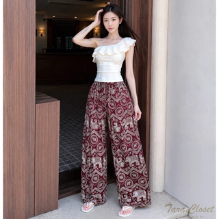COM507 TARA Pants กางเกงช้างขายาว เอวยางยืด ทรงขากระบอกใหญ่ ผ้าไหมอิตาลีอย่างดี ลายผ้าขา 2 ข้าง ตรงกัน ช้างไม่กลับหัว