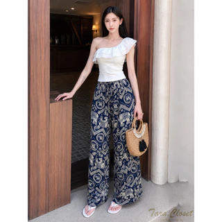 COM507 TARA Pants กางเกงช้างขายาว เอวยางยืด ทรงขากระบอกใหญ่ ผ้าไหมอิตาลีอย่างดี ลายผ้าขา 2 ข้าง ตรงกัน ช้างไม่กลับหัว
