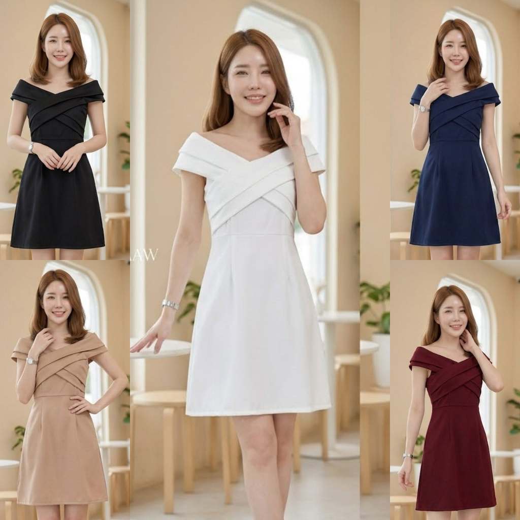 hbstation.shop เสื้อผ้าผู้หญิง เดรสออกงาน สีกรม เดรสทรงปาดไหล่ อก 32-34 นิ้ว size S พร้อมส่ง