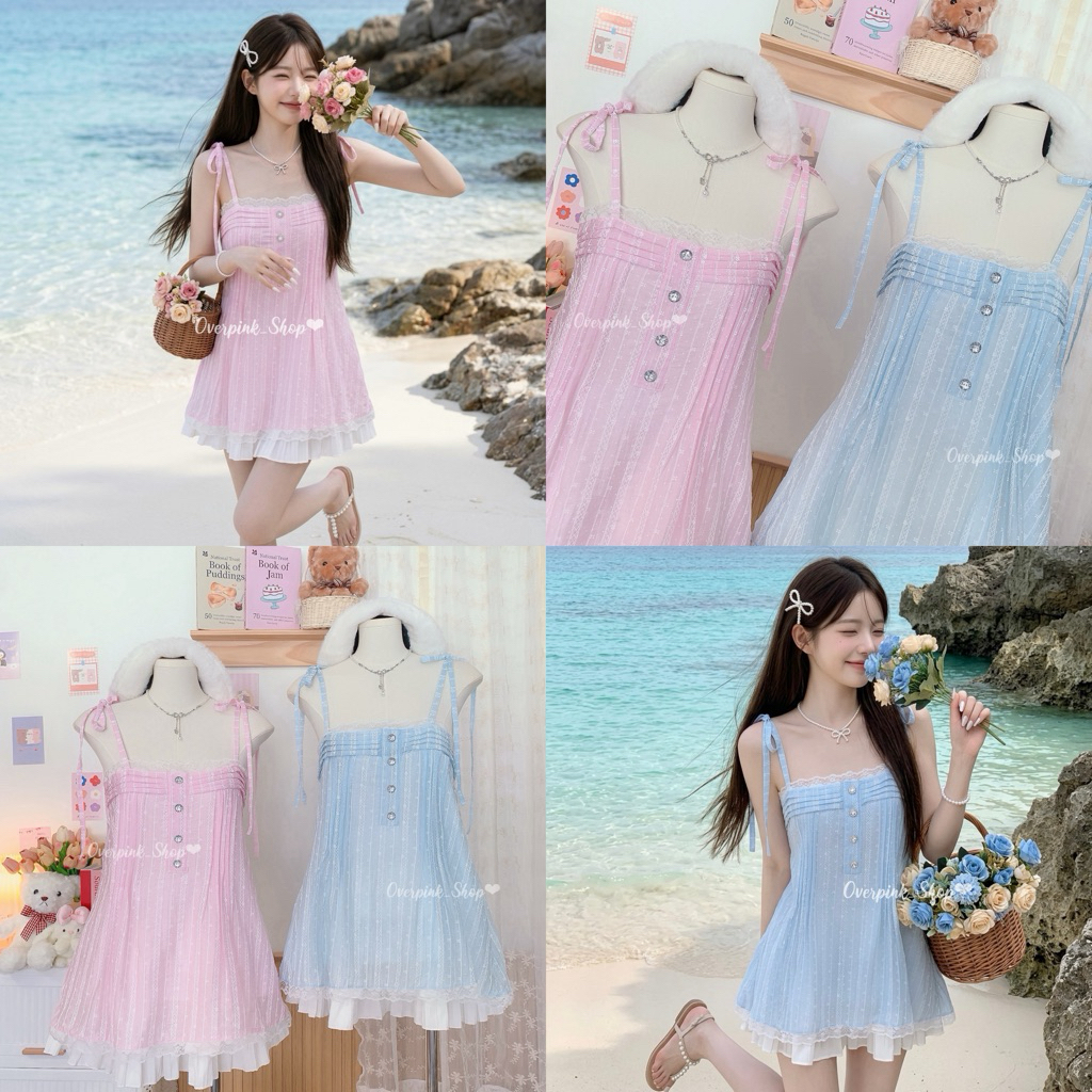 🌸OVP🌸 เสื้อสายเดี่ยว/มินิเดรส ผูกไหล่ ผ้าโรซี่ลายจุด(ผ้าบาง) มีซับใน