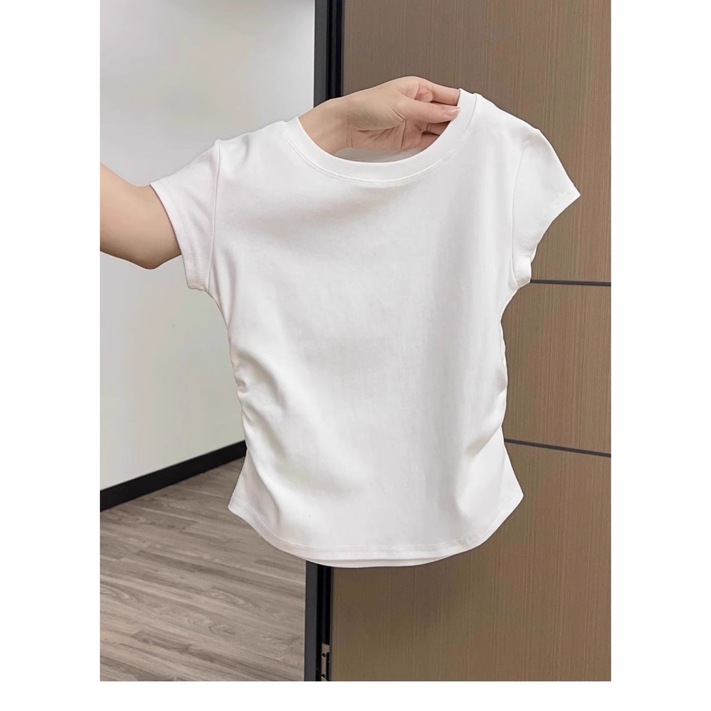 8 ทิเบตคอกลมไหล่บวกแขนบินเล็ก ๆ เสื้อยืดผู้หญิงฤดูร้อนเล็ก ๆ น้อย ๆ จีบเอว Slim Fit สั้นด้านบน