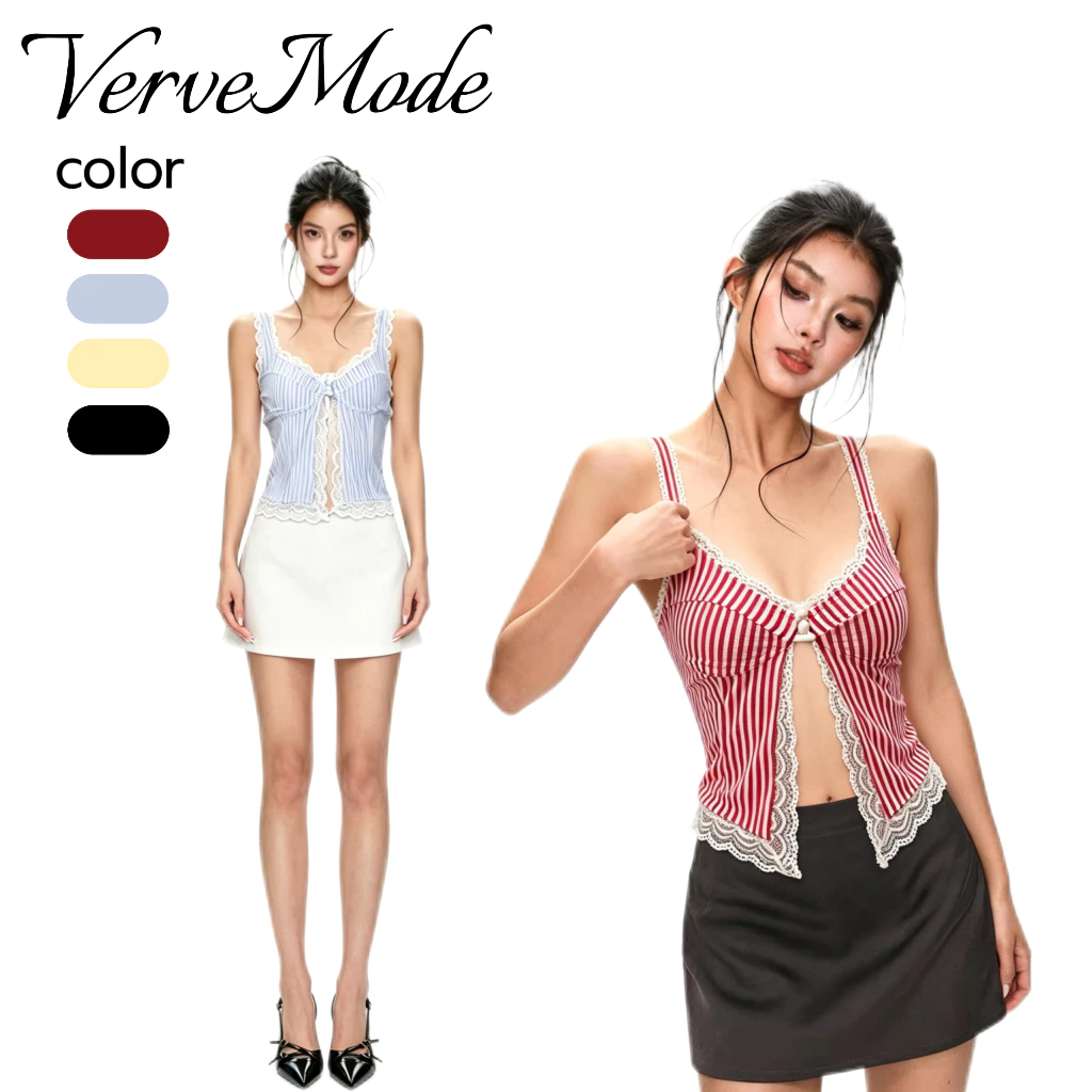 VerveMode.🍓 จัดส่งในประเทศไทย🍓เสื้อสายเดี่ยวลายทาง ตัดต่อลูกไม้ ทรงเข้ารูป สำหรับผู้หญิง