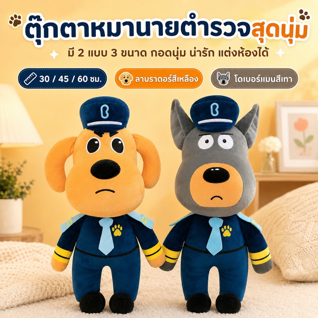 ตุ๊กตาหมานายตำรวจ ตุ๊กตาผ้าขนนุ่ม ลาบราดอร์/โดเบอร์แมน 30/45/60ซม ของขวัญ แต่งห้อง