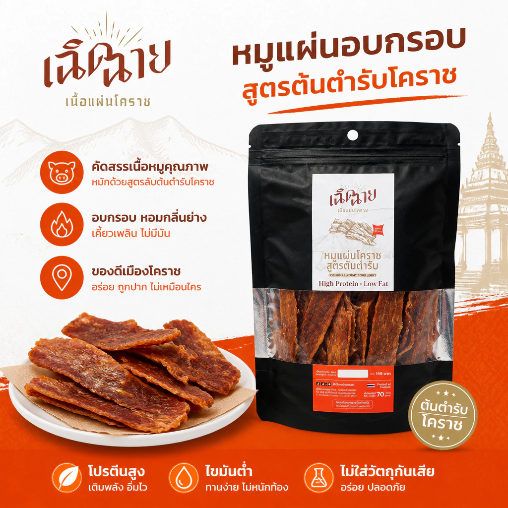 หมูแผ่นโคราชอบ 3 ชิ้น อบพร้อมทาน หมูแผ่นอบแห้ง ของกินเล่น เคี้ยวเพลิน ของฝาก thumbnail 5