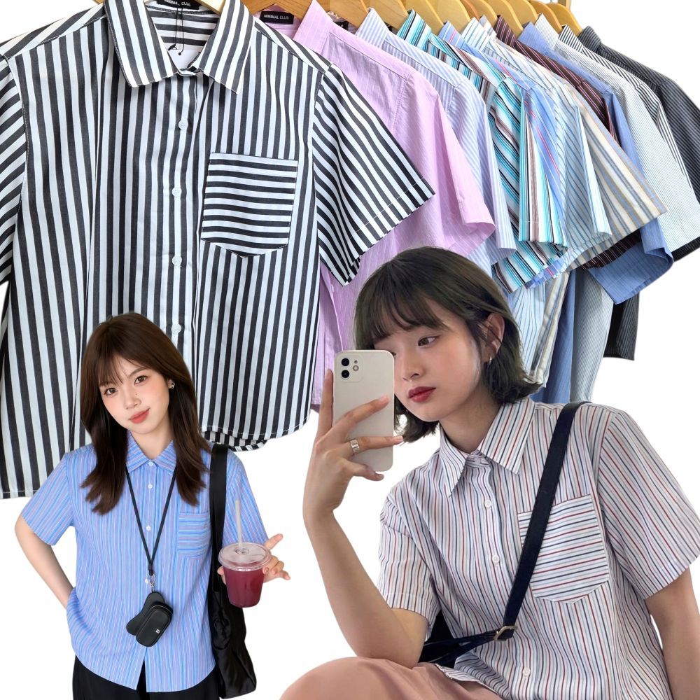 เสื้้อเชิ้ตผู้หญิงแขนสั้น ลายริ้ว Melody Shirt เนื้อผ้าคอตตอน ใส่สบาย งานไทย พร้อมส่ง  By MINIMAL CLUB
