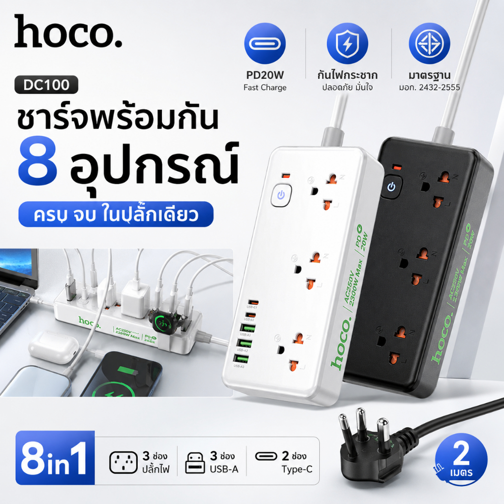 HOCO DC100 ปลั๊กพ่วง PD20W 8in1 2300W 3 ช่องเสียบ 5 USB Type-C ชาร์จเร็ว สาย 2 เมตร มีสวิตช์ กันไฟกระชาก มอก