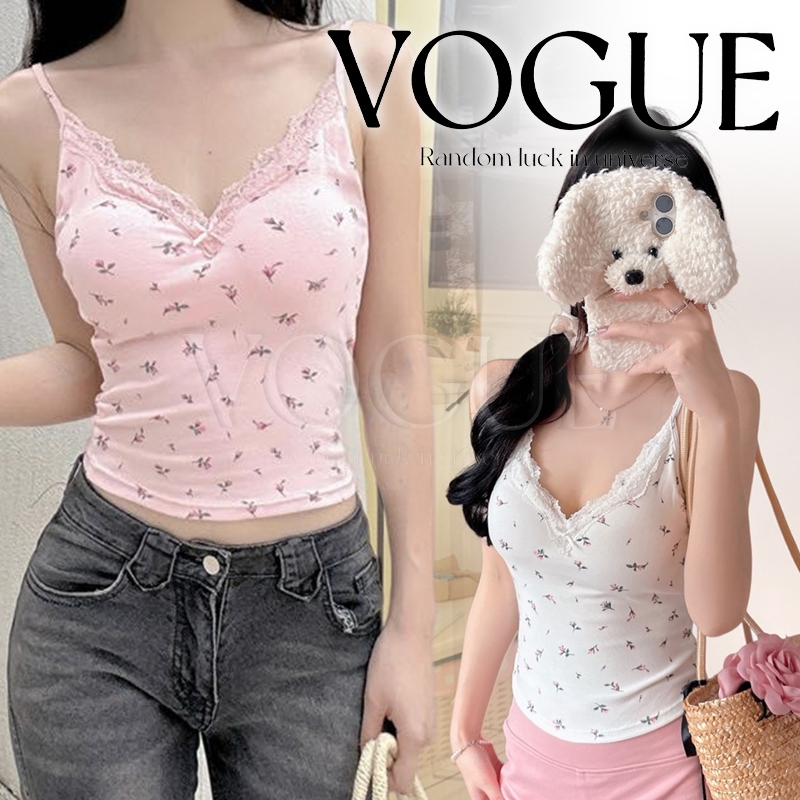 Vogue พร้อมส่ง เสื้อสายเดี่ยวคอวี ขอบลูกไม้ลายดอกโรสแมรี่ มีฟองน้ำในตัว ใส่สบาย (FY6102)