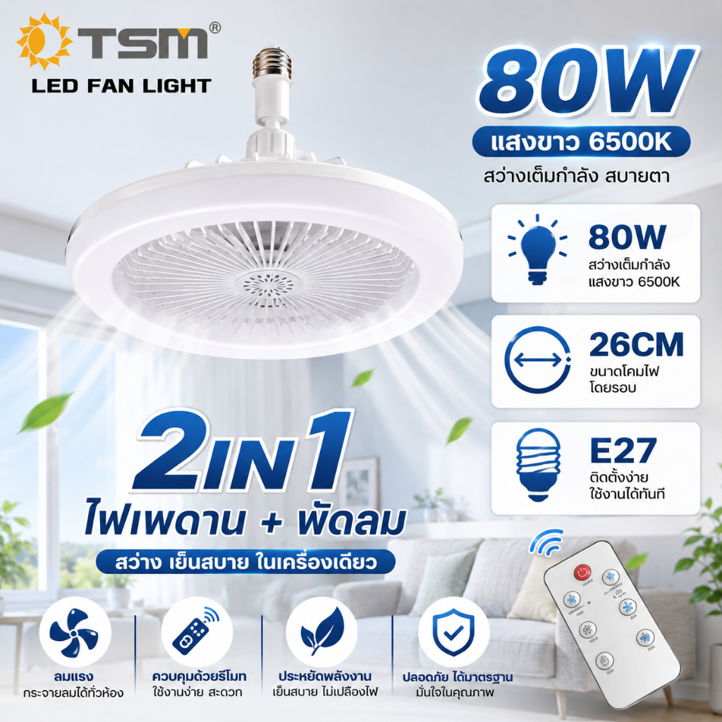 พัดลมโคมไฟ ไฟเพดาน led 80W หลอดไฟกลม LED Bulb Light พัดลมติดเพดาน หลอดไฟในบ้าน