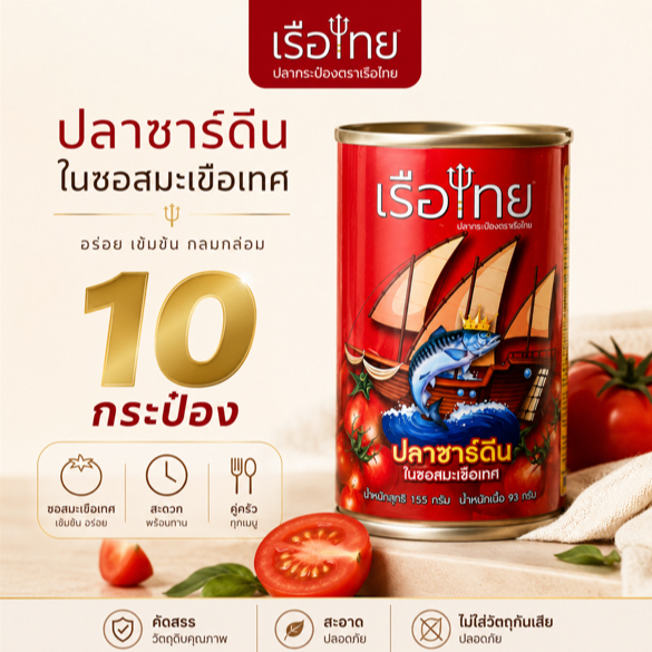 เรือไทย ปลาซาร์ดีนในซอสมะเขือเทศ 10 กระป๋อง สุดคุ้ม