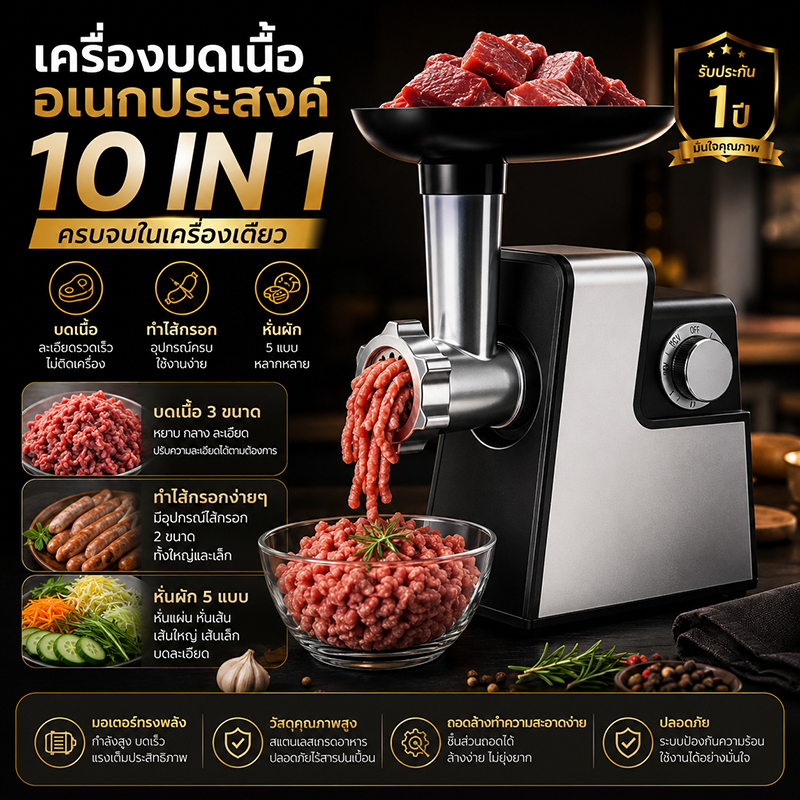 เครื่องบดเนื้ออเนกประสงค์ 2 ระดับความเร็ว สำหรับใช้ในบ้าน หัวสับผัก บดเนื้อ ใส้กรอกอัดไส้ ครบจบในเครื่องเดียว