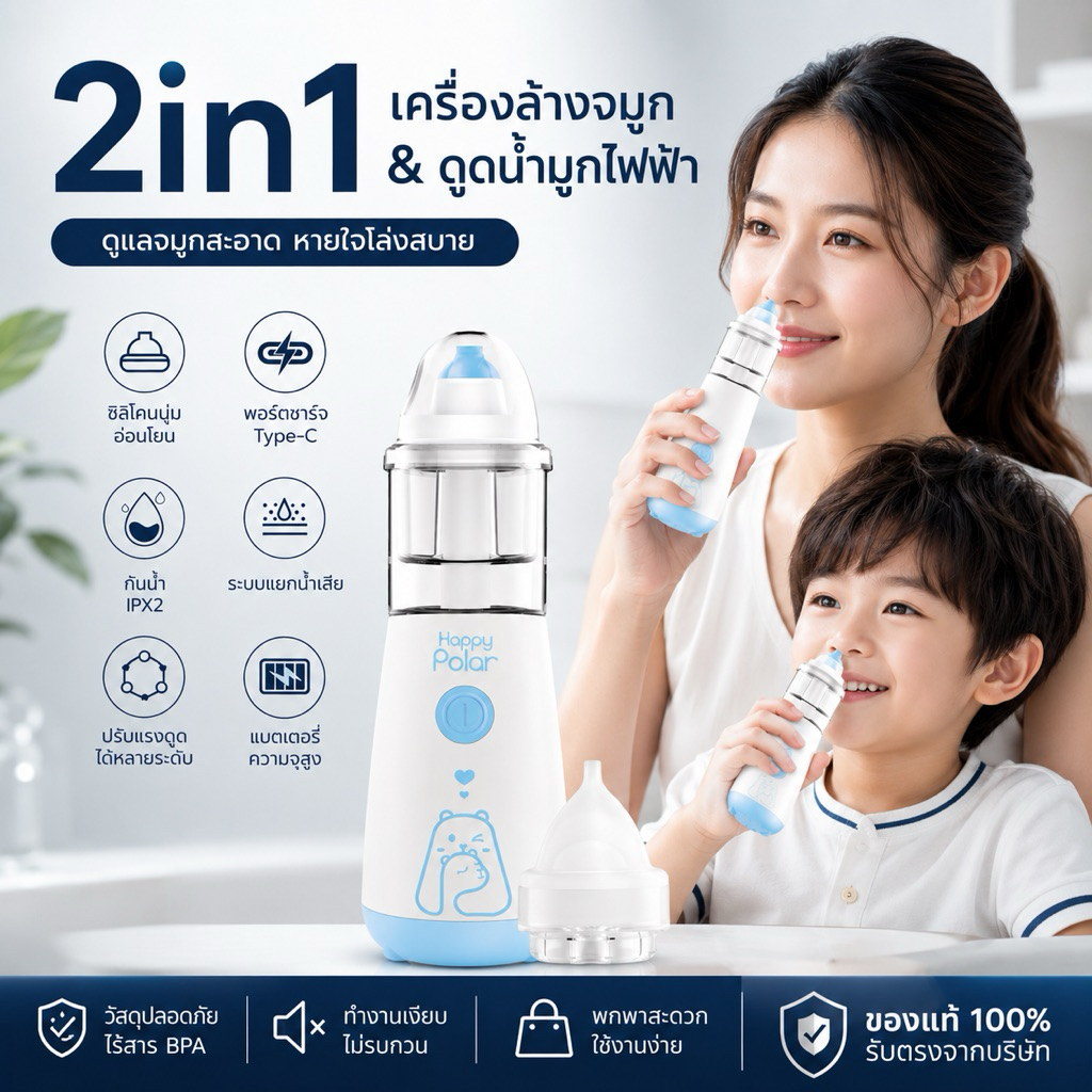 Happy Polar เครื่องล้างจมูกไฟฟ้า 2in1 ล้างดูด เครื่องเดียว สเปร์ยพ่นจมูก พ่นน้ำเกลืออัตโนมัติ ใช้ได้ทั้งเด็กและผู้ใหญ่