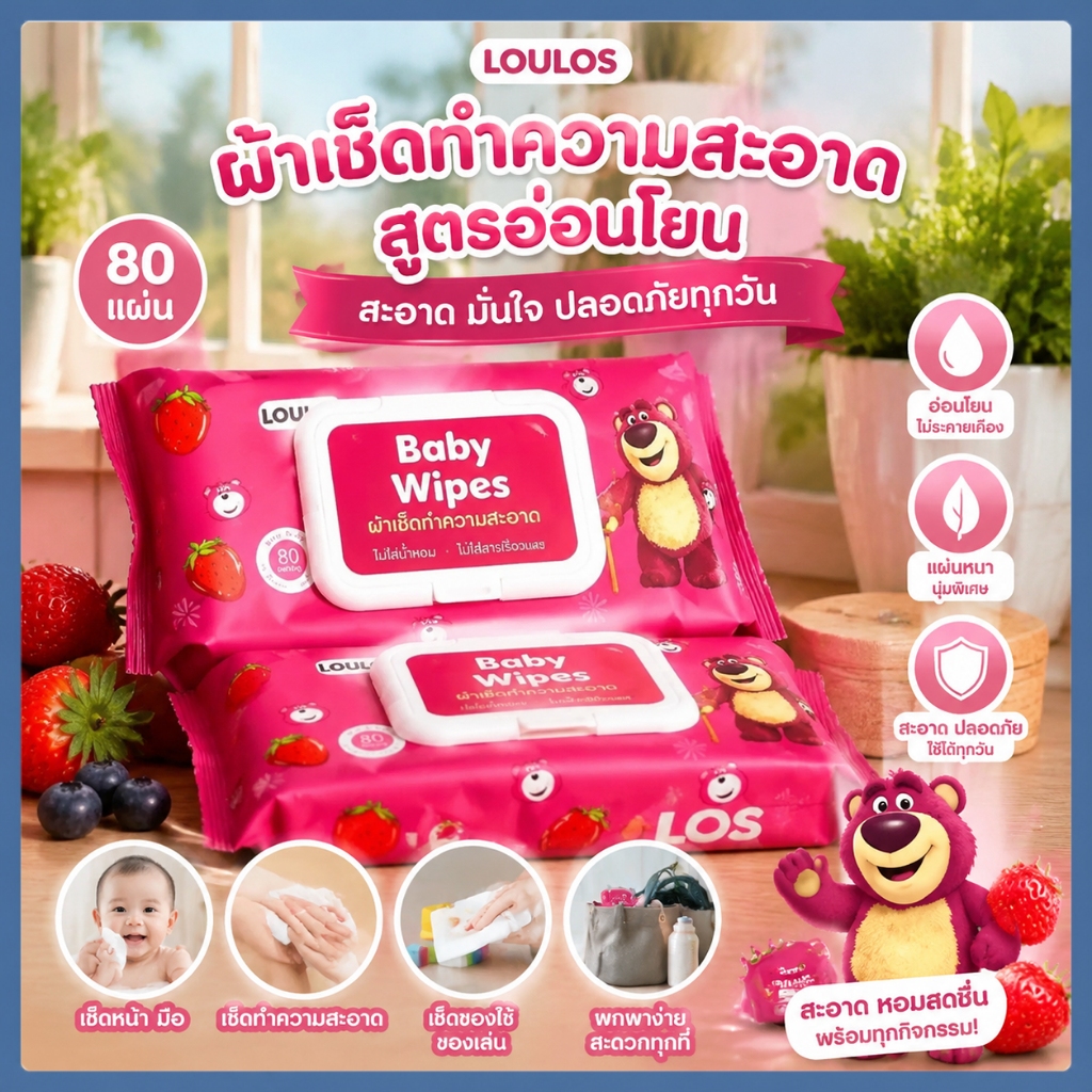 【💟น่ารักสุดๆ】ผ้าเช็ดทำความสะอาดลายหมีแบ๊กกั๊ม (พร้อมฝาปิด) เนื้อผ้าหนา นุ่มละมุน สำหรับทุกคนในครอบครัว