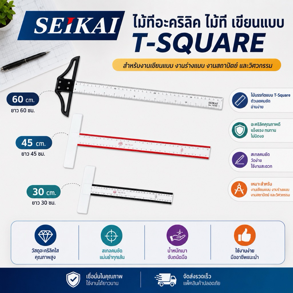 SEIKAI Acrylic T-Square ไม้ที ไม้บรรทัดงานออกแบบ สเกลแม่นยำ ใช้งานง่าย