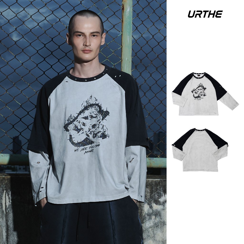 URTHE - เสื้อยืดแขนยาว รุ่น REVOLT DOUBLE SLEEVE RAGLAN T-SHIRT - Col. OZDE UNTITLED