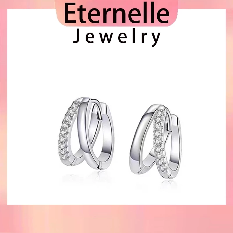 Eternelle✨ ต่างหูหนีบหูเงินแท้ 925 สองวงซ้อนฝังคริสตัล ใส่ง่าย สวมอาบน้ำได้ ต่างหูประจำวันสุ