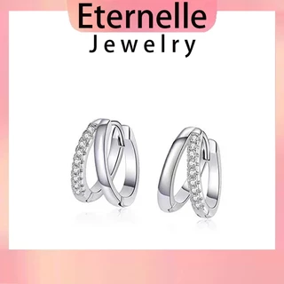 Eternelle✨ ต่างหูหนีบหูเงินแท้ 925 สองวงซ้อนฝังคริสตัล ใส่ง่าย สวมอาบน้ำได้ ต่างหูประจำวันสุ