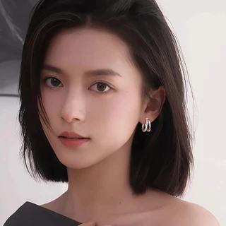 Eternelle✨ ต่างหูหนีบหูเงินแท้ 925 สองวงซ้อนฝังคริสตัล ใส่ง่าย สวมอาบน้ำได้ ต่างหูประจำวันสุ