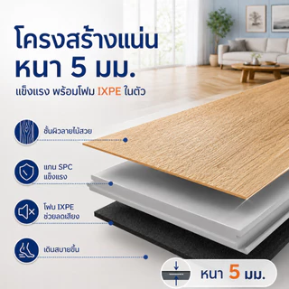 ABBY พื้น SPC คลิกล็อค กระเบื้องยาง พร้อมโฟม IXPE หนา 5 มม. ปูได้ 1.1㎡ ติดตั้งง่าย นุ่มเท้า เดินสบาย