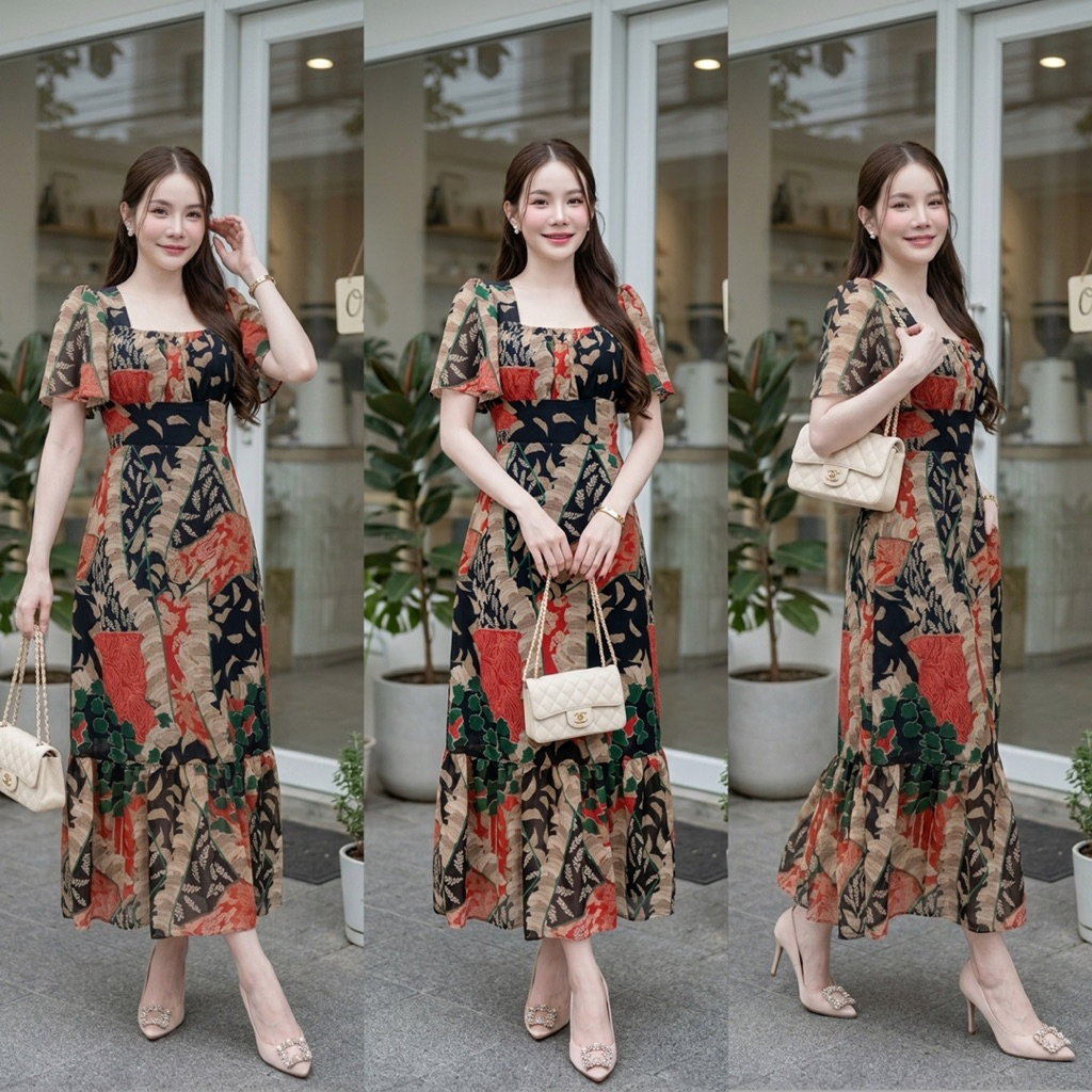 ชุดเกรดยาวผ้าชีฟองรหัส 171 ย่นอกแขนระบายกระโปรงระบายชายหนึ่งชั้นความยาว 50 นิ้วลายกุชชี่