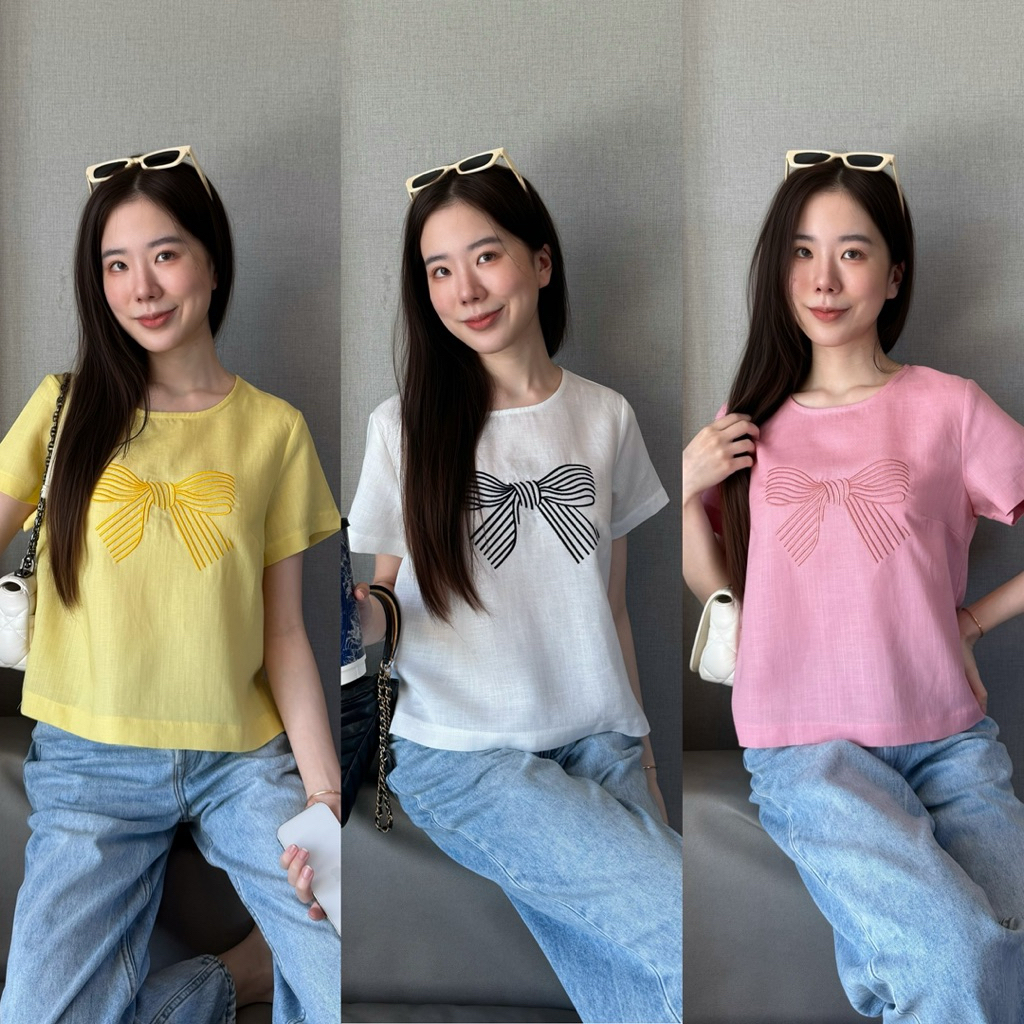 A1เสื้อลินินซิลค์คอกลมแขนสั้นงานปักโบว์สีน่ารักมากอก38/40/42/44
