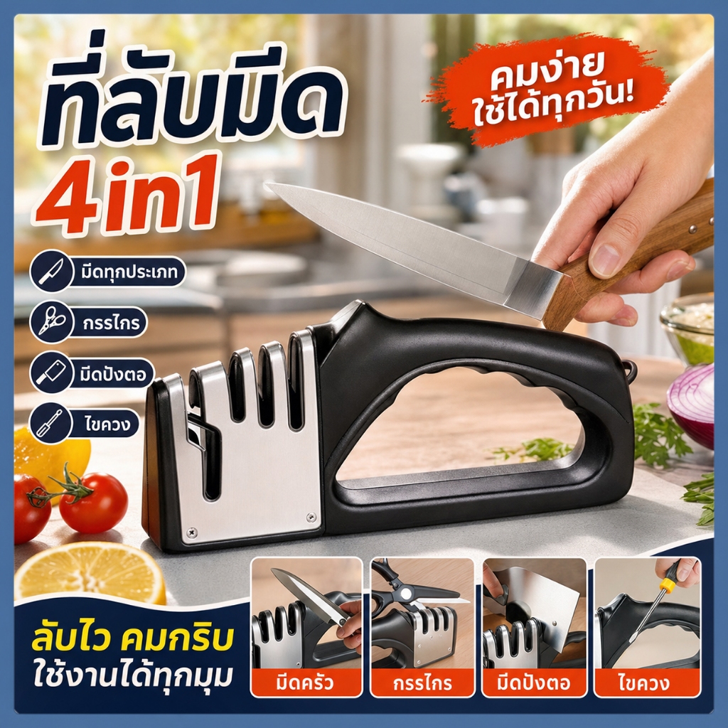 🔪ที่ลับมีด อุปกรณ์ลับมีด หินลับมีด แท่นลับมีด 4 in 1 คุณภาพดีเยี่ยม อุปกรณ์มีดทำครัว ลับได้ 3 ระดับ เเข็งแรง ทนทาน